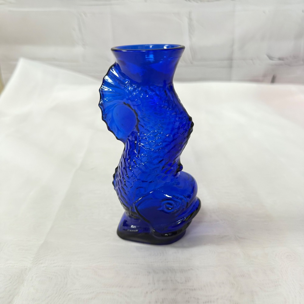Vintage Cobalt Blue Glass Koi Fish Dolphin Vase Figurine Nautical Decor